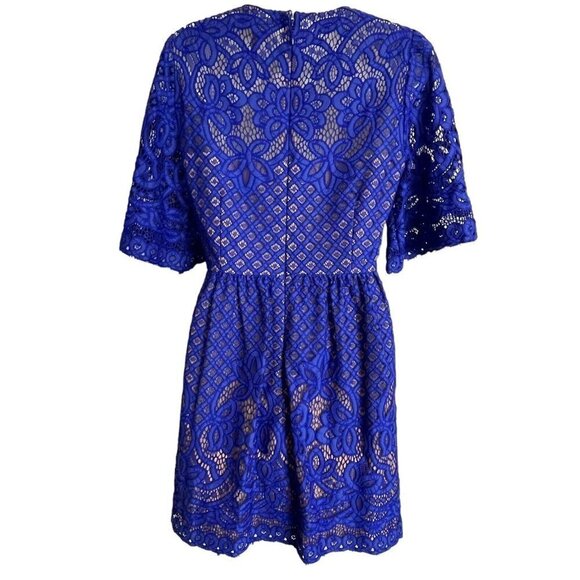 BCBGMaxazria Jillyan Larkspur Blue Lace Overlay Nude Lining Coquette Dress Sz 6 - Picture 7 of 9